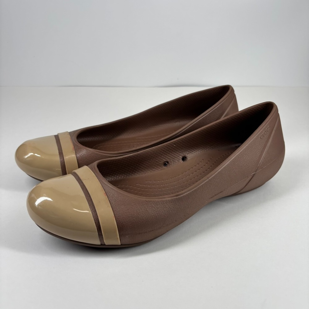 Crocs Cap‎ Toe Ballet Flats Women's 9 Beige/Brown Croslite Comfort Slip-On Shoes